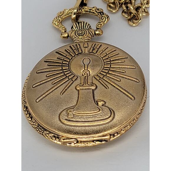 Thomas Edison Commemoration of The Light Bulb Pocket Watch Gold Finish Chain - Picture 2 of 4
